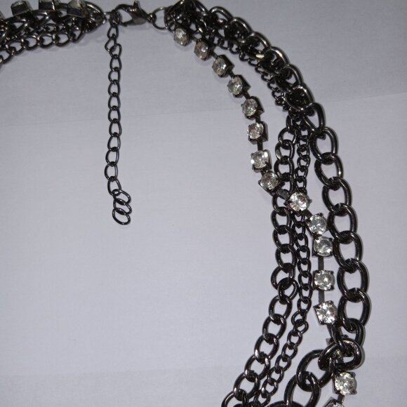 Vintage Victorian Layered Gunmetal Chain Necklace Clear Rhinestones Multi-strand - Picture 5 of 7